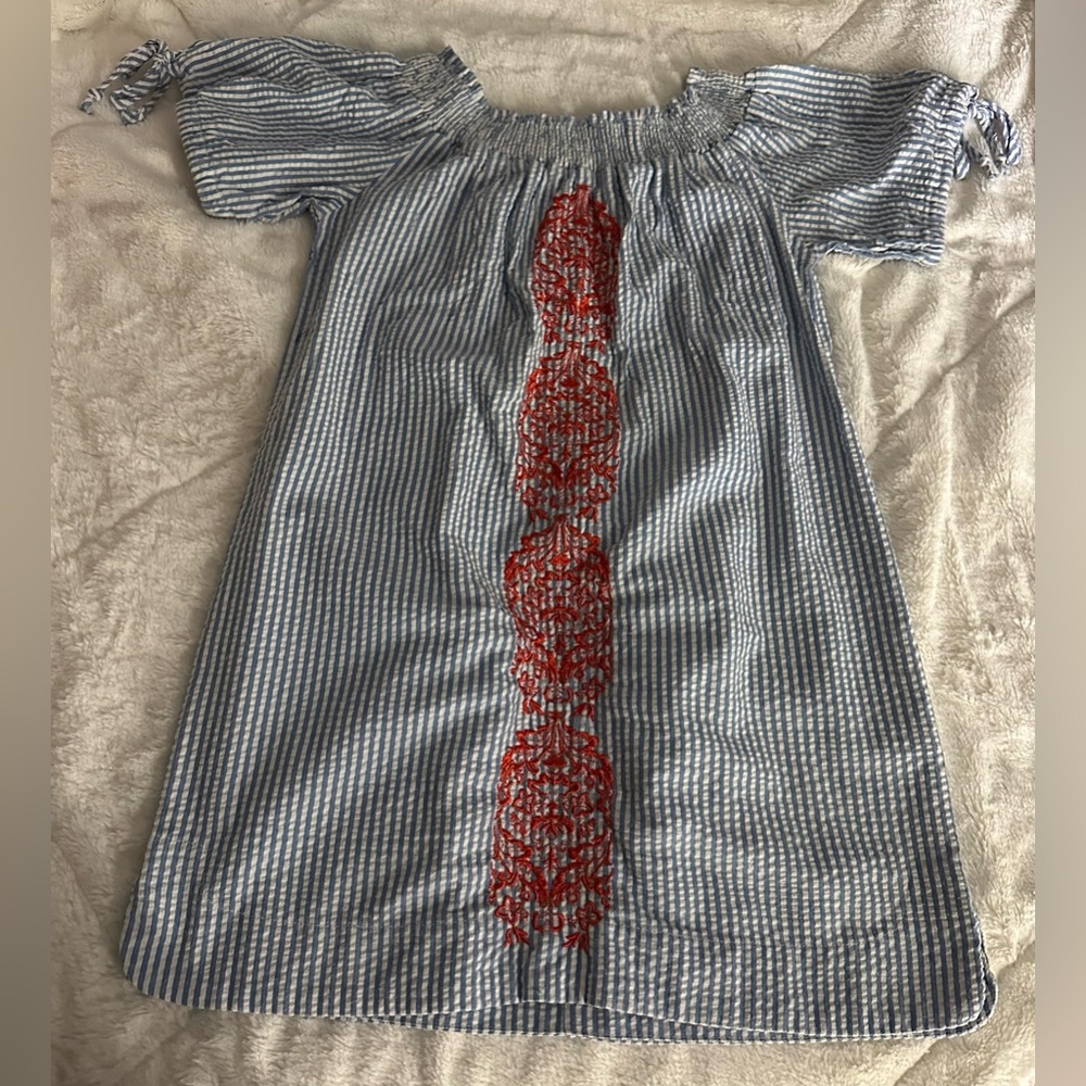 Macbeth Collection Margaret Josephs mini dress blue seersucker embroidered XS